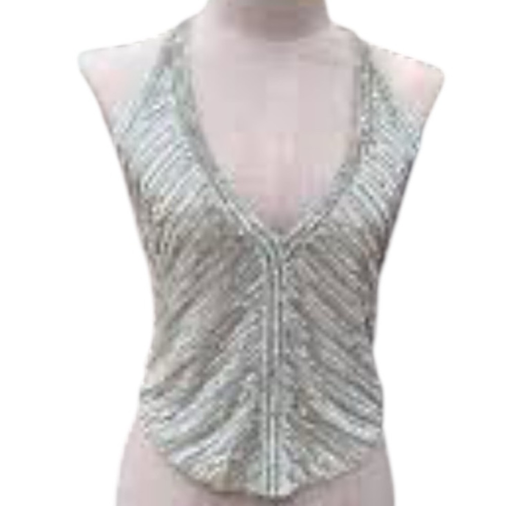Silver Sequin embellished v neck halter Women's Top back zipper